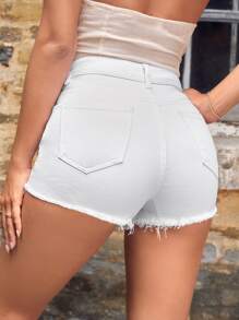 SHEIN Essnce Raw Hem Denim Shorts - White - View 2