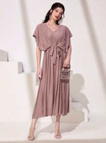 Al Najma Solid Belted Dress - Mauve Purple - View 3