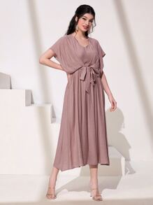 Al Najma Solid Belted Dress - Mauve Purple - View 5