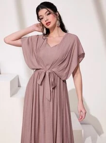 Al Najma Solid Belted Dress - Mauve Purple - View 6