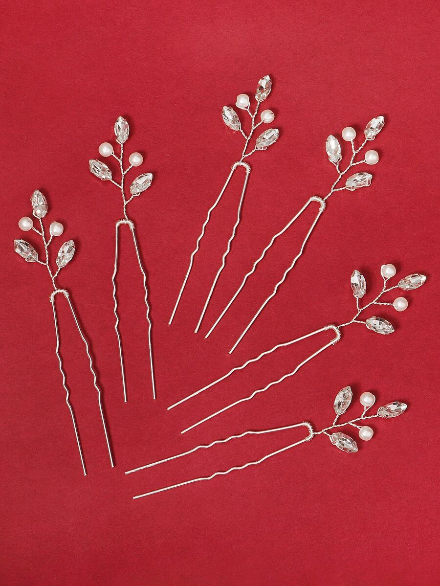 6入組水鑽裝飾婚禮髮夾 - 銀色 - 查看 1