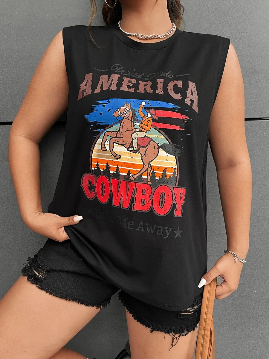 SHEIN EZwear Plus Figure & Letter Graphic Tank Top - Black - View 1