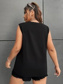 SHEIN EZwear Plus Figure & Letter Graphic Tank Top - Black - View 2