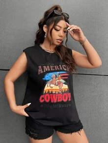 SHEIN EZwear Plus Figure & Letter Graphic Tank Top - Black - View 5