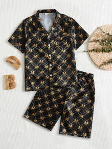 SHEIN Boys Allover Print Satin PJ Set - Multicolor - View 1