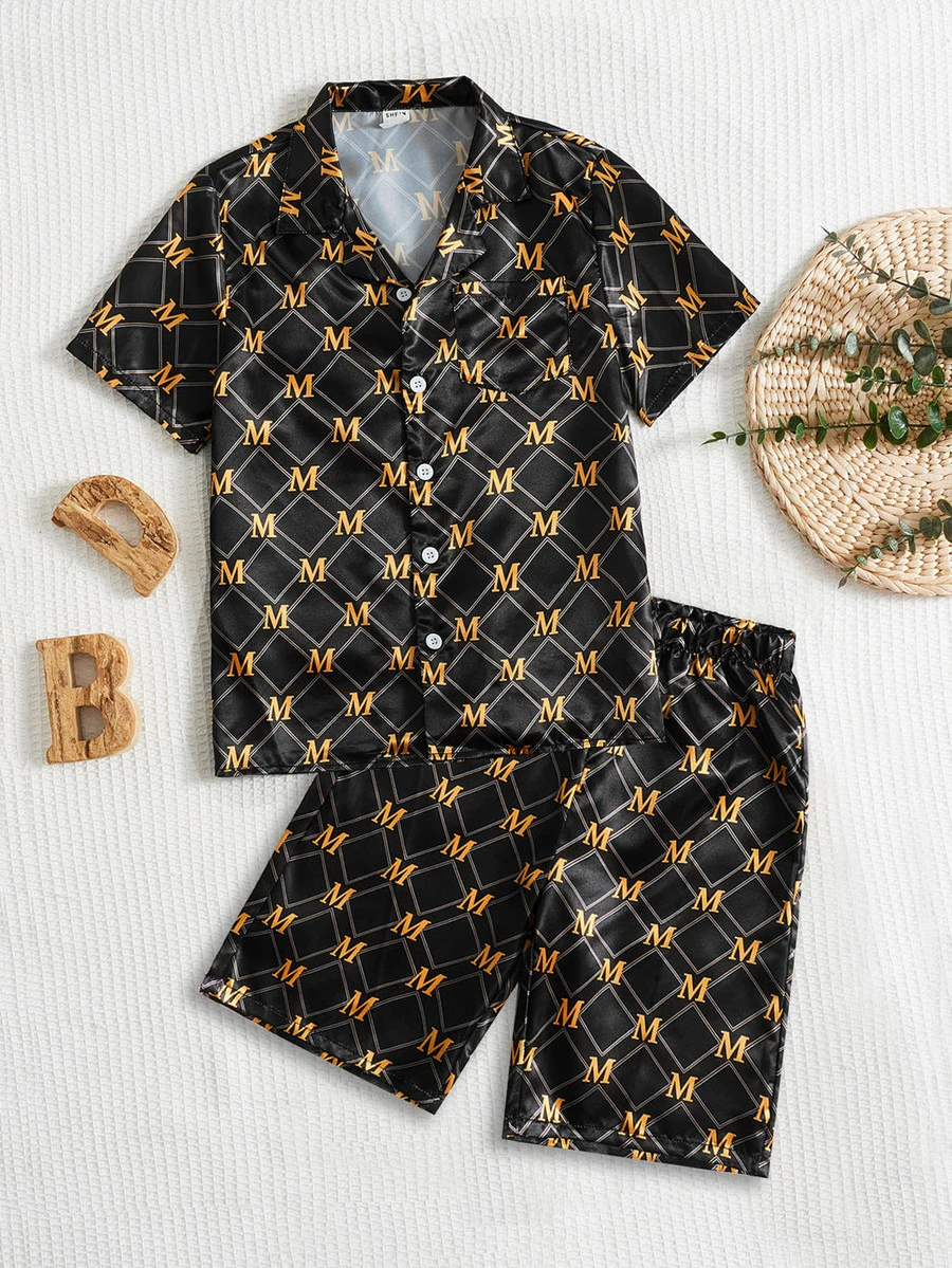 SHEIN Boys Allover Print Satin PJ Set - Multicolor - View 1