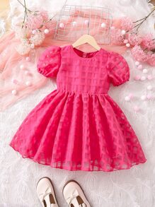 SHEIN Toddler Girls Puff Sleeve Mesh Overlay Dress - Hot Pink - View 1