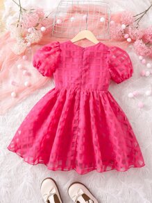 SHEIN Toddler Girls Puff Sleeve Mesh Overlay Dress - Hot Pink - View 2