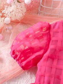 SHEIN Toddler Girls Puff Sleeve Mesh Overlay Dress - Hot Pink - View 4