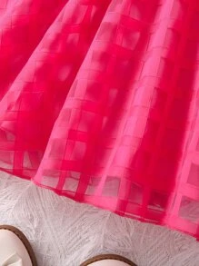 SHEIN Toddler Girls Puff Sleeve Mesh Overlay Dress - Hot Pink - View 6