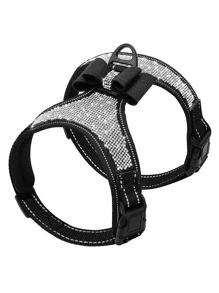 1pc Reflective Pink Korean Velvet Rhinestone Dog Harness, Adjustable Size, Breathable Design - Black - View 2