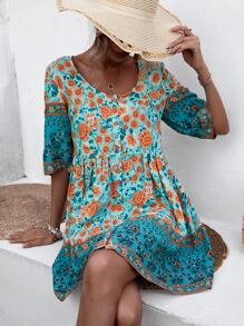 SHEIN LUNE Floral Print Scoop Neck Smock Dress - Green - View 1