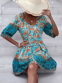 SHEIN LUNE Floral Print Scoop Neck Smock Dress - Green - View 3