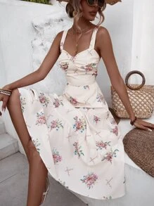 Aveloria 印花胸部褶皺多層下擺吊帶洋裝 - 杏色 - 查看 4