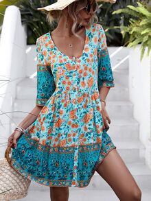 SHEIN LUNE Floral Print Scoop Neck Smock Dress - Green - View 5