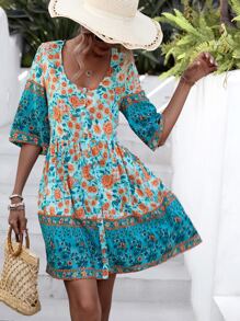 SHEIN LUNE Floral Print Scoop Neck Smock Dress - Green - View 6