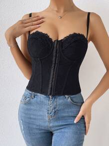 鉤眼扣後背繫帶塑身上衣 - 黑色 - 查看 1