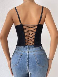 鉤眼扣後背繫帶塑身上衣 - 黑色 - 查看 2
