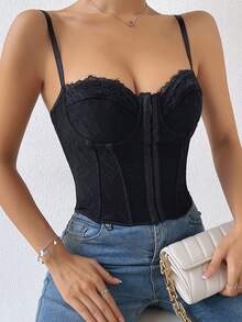 鉤眼扣後背繫帶塑身上衣 - 黑色 - 查看 3