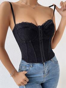 鉤眼扣後背繫帶塑身上衣 - 黑色 - 查看 5