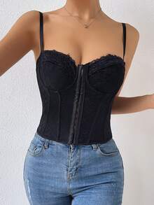 鉤眼扣後背繫帶塑身上衣 - 黑色 - 查看 6