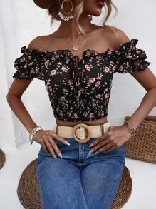 GENKIRA Áo sơ mi nữ viền lá sen Dải chun Thắt nơ trước Hoa Tất cả trên in Boho - màu đen - Xem 4