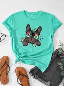 INAWLY Butterfly And Dog Print Tee Graphic Tees Women Tops - Green - View 1