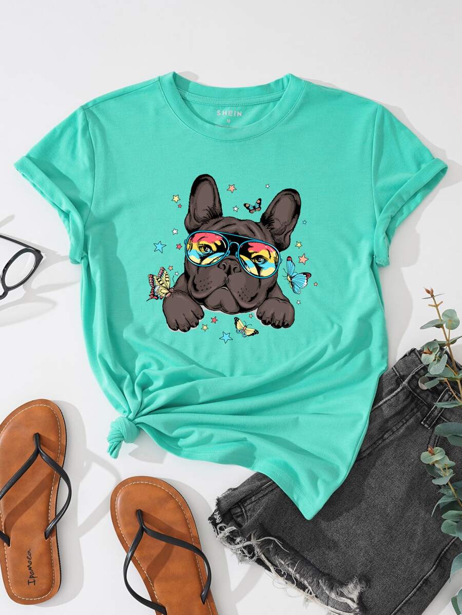 INAWLY Butterfly And Dog Print Tee Graphic Tees Women Tops - Green - View 1