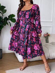 Breezaya 大碼印花燈籠袖洋裝 - 彩色 - 查看 3