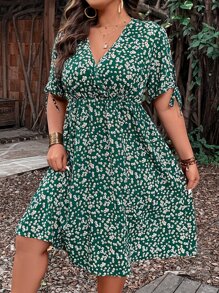 SHEIN Holidaya Plus Ditsy Floral Print Knot Cuff Dress - Multicolor - View 5