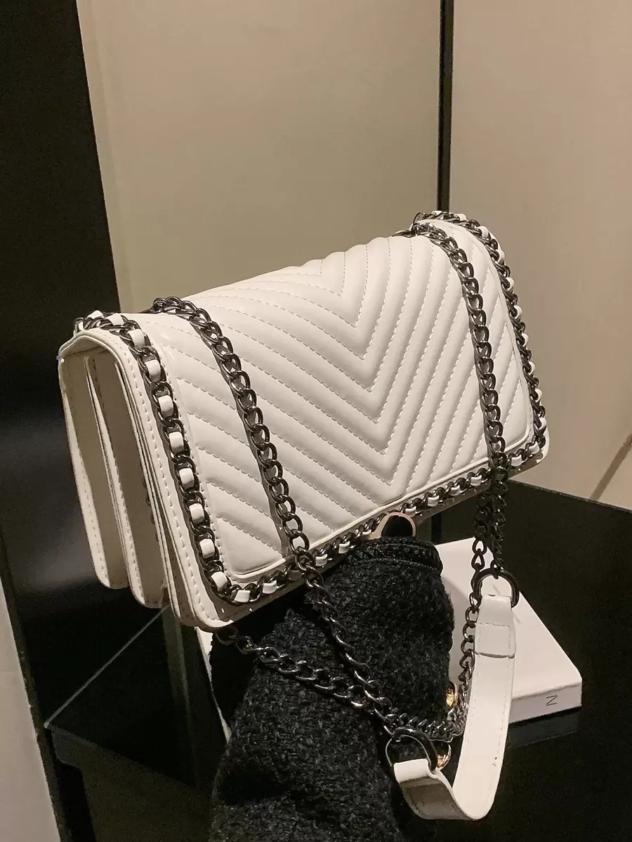 Bolso de hombro para mujer con bordado de forma de V y decoración de cadena, bolso cuadrado pequeño para usar cruzado