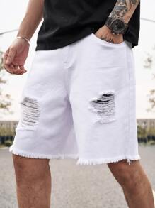 Manfinity Homme Men Ripped Frayed Raw Hem Bermuda Oversize Denim Shorts Baggy Jorts Plain All White Vacation Basic - White - View 1