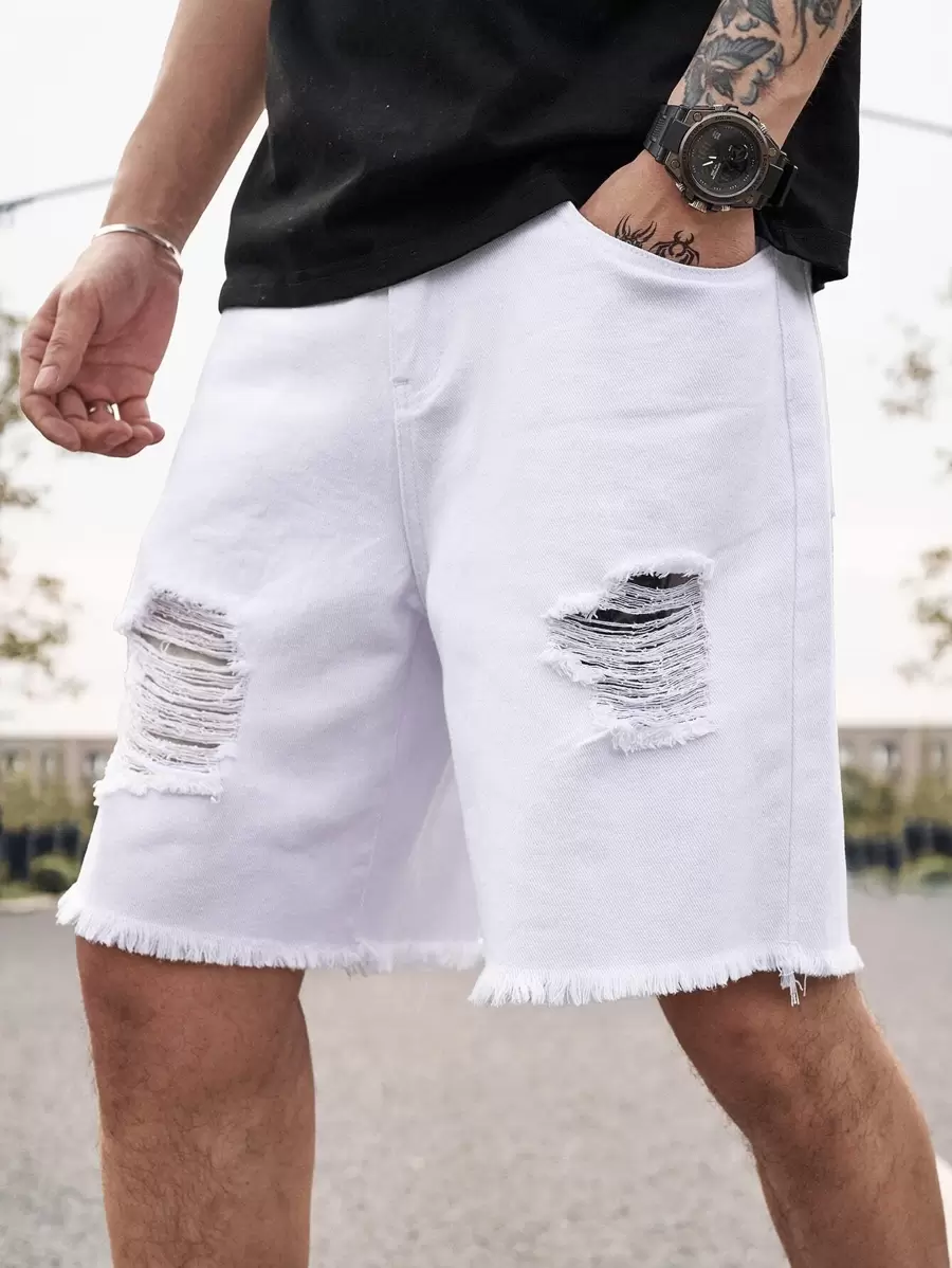 Manfinity Homme Men Ripped Frayed Raw Hem Bermuda Oversize Denim Shorts Baggy Jorts Plain All White Vacation Basic - White - View 1