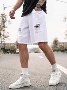 Manfinity Homme Men Ripped Frayed Raw Hem Bermuda Oversize Denim Shorts Baggy Jorts Plain All White Vacation Basic - White - View 3