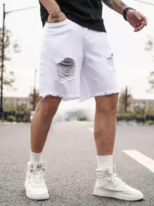 Manfinity Homme Men Ripped Frayed Raw Hem Bermuda Oversize Denim Shorts Baggy Jorts Plain All White Vacation Basic - White - View 4