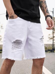 Manfinity Homme Men Ripped Frayed Raw Hem Bermuda Oversize Denim Shorts Baggy Jorts Plain All White Vacation Basic - White - View 5