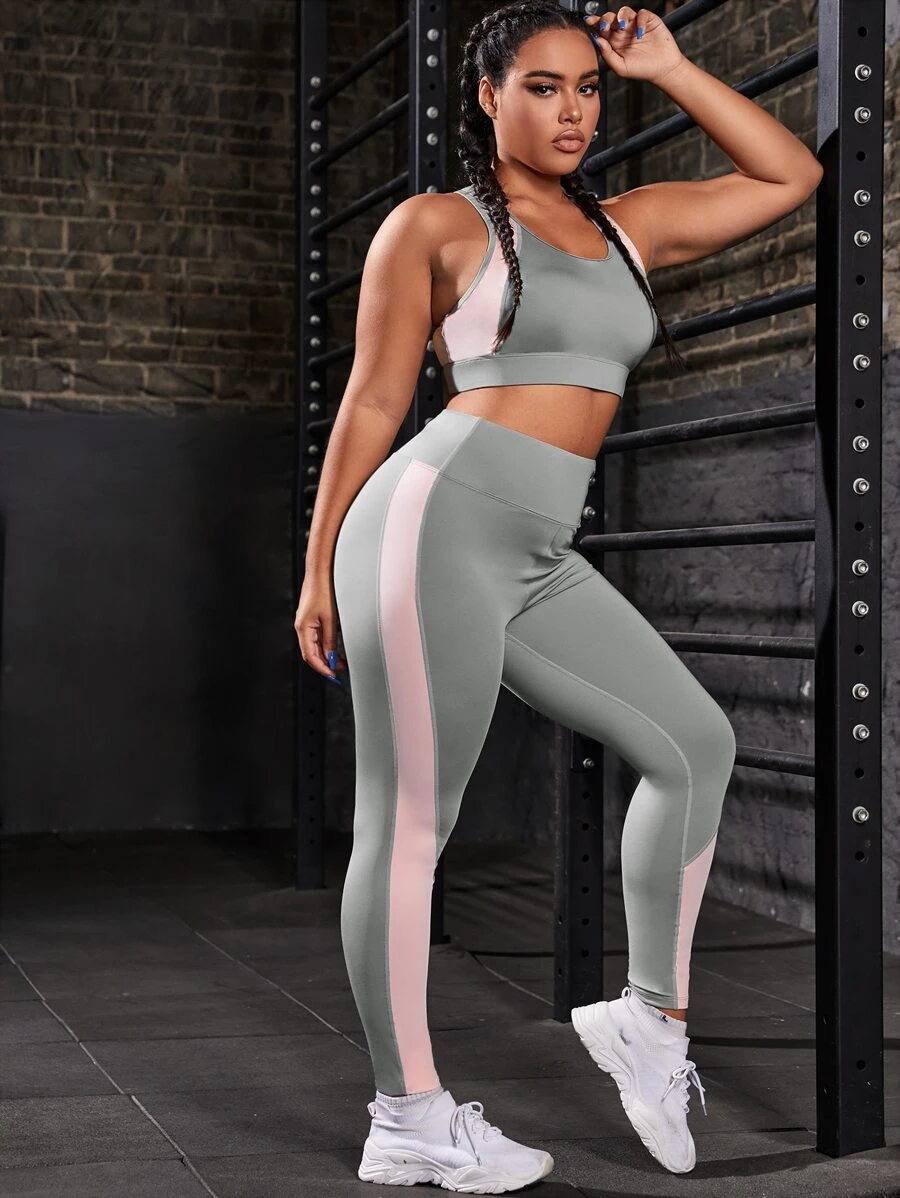 Plus Colourblock Sports Bra & Leggings - Grey - View 1