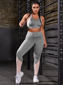 Plus Colourblock Sports Bra & Leggings - Grey - View 3