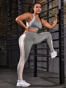 Plus Colourblock Sports Bra & Leggings - Grey - View 4