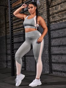 Plus Colourblock Sports Bra & Leggings - Grey - View 5