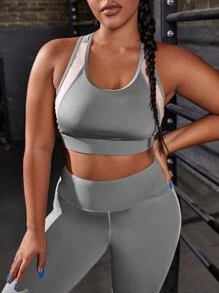 Plus Colourblock Sports Bra & Leggings - Grey - View 6