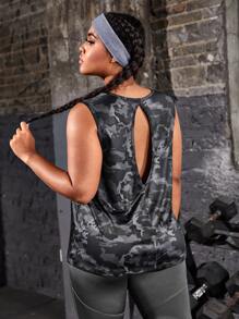Plus Camo Print Cut Out Back Sports Tank Top - Multicolor - View 1