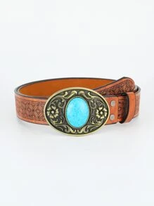 Men Turquoise Decor Oval Buckle Belt - Brown - View 1