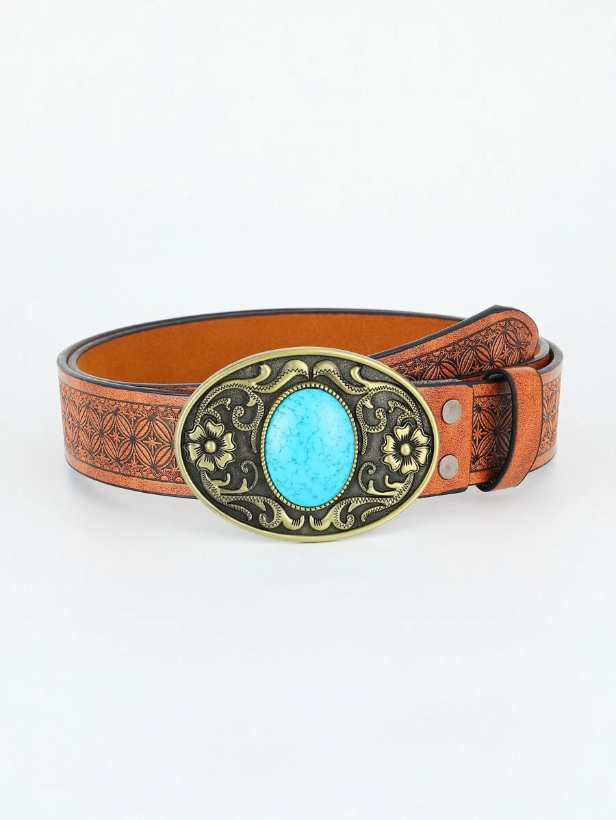 Men Turquoise Decor Oval Buckle Belt - Brown - View 1