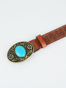 Men Turquoise Decor Oval Buckle Belt - Brown - View 3