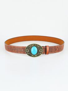 Men Turquoise Decor Oval Buckle Belt - Brown - View 2