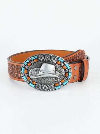 Men Turquoise Decor Oval Buckle Belt