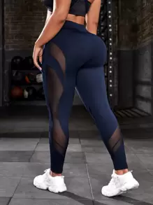 SHEIN Rhythm Era Plus Contrast Mesh Wideband Waist Sports Leggings Yoga Women Pants - Navy Blue - View 1
