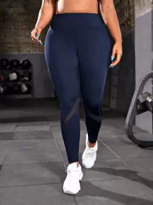 SHEIN Rhythm Era Plus Contrast Mesh Wideband Waist Sports Leggings Yoga Women Pants - Navy Blue - View 4