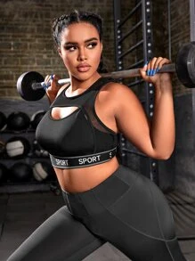 Plus Letter Tape Panel Cut Out Front Contrast Mesh Sports Bra - Black - View 1